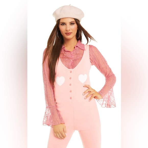 Wildfox Stay In One Piece Lovable Pink Jumpsuit Size Large - Picture 3 of 8